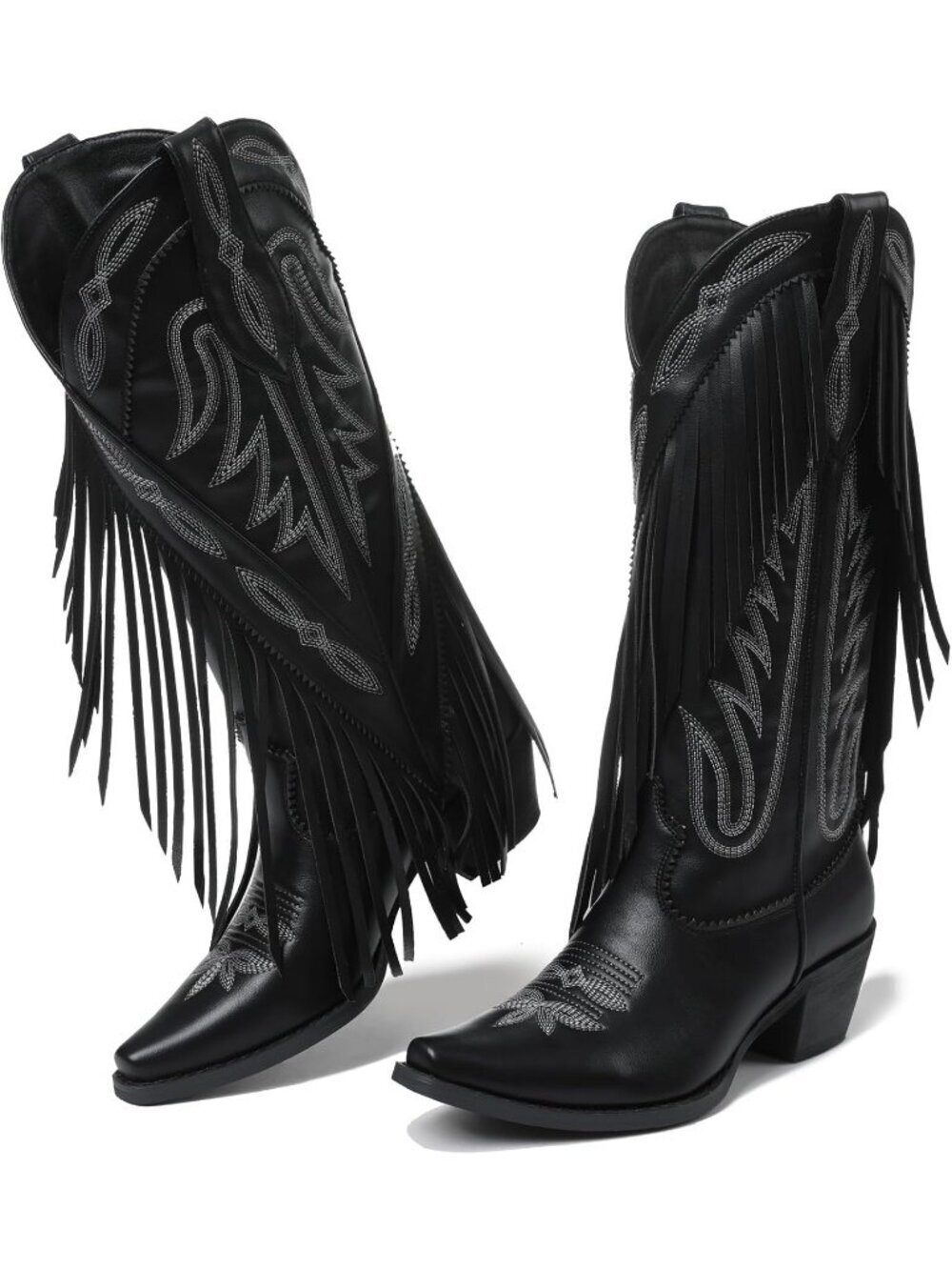 Women's Retro Pointed Toe Pull On Block Chunky Heel Black Tassel Country Western